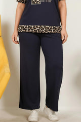Plus‑Size Leopard‑Print Kort Mouw Set — Donkerblauw