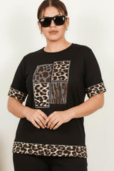 Plus - Size Set Met Luipaardprint En Steentjes, Korte Mouwen — Luipaard