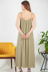 Italiaanse Voile Midi - Jurk Met Spaghettibandjes — Khaki