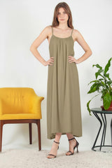 Italiaanse Voile Midi - Jurk Met Spaghettibandjes — Khaki