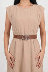 Jurk Met Schoudervulling En Smalle Taille - Elastiek — Beige