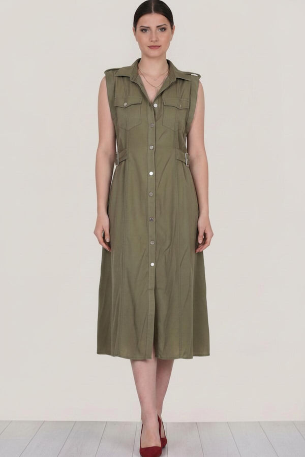Khaki Kleid Mit Klappentaschen Und Knopfleiste