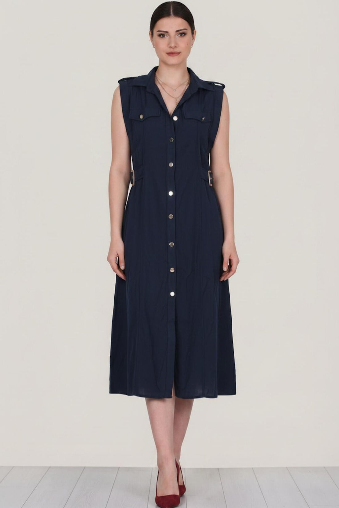Jurk Met Klepzakken En Glanzende Knopen – Marineblauw
