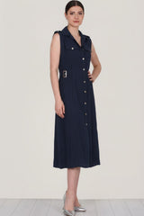 Jurk Met Klepzakken En Glanzende Knopen – Marineblauw