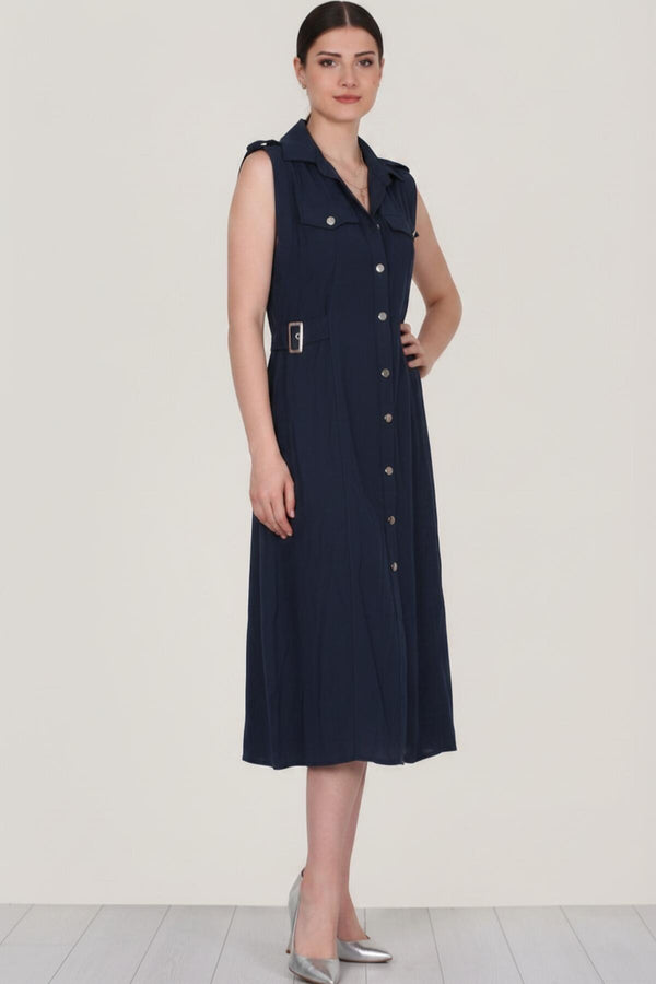 Jurk Met Klepzakken En Glanzende Knopen – Marineblauw