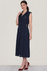 Jurk Met Klepzakken En Glanzende Knopen – Marineblauw