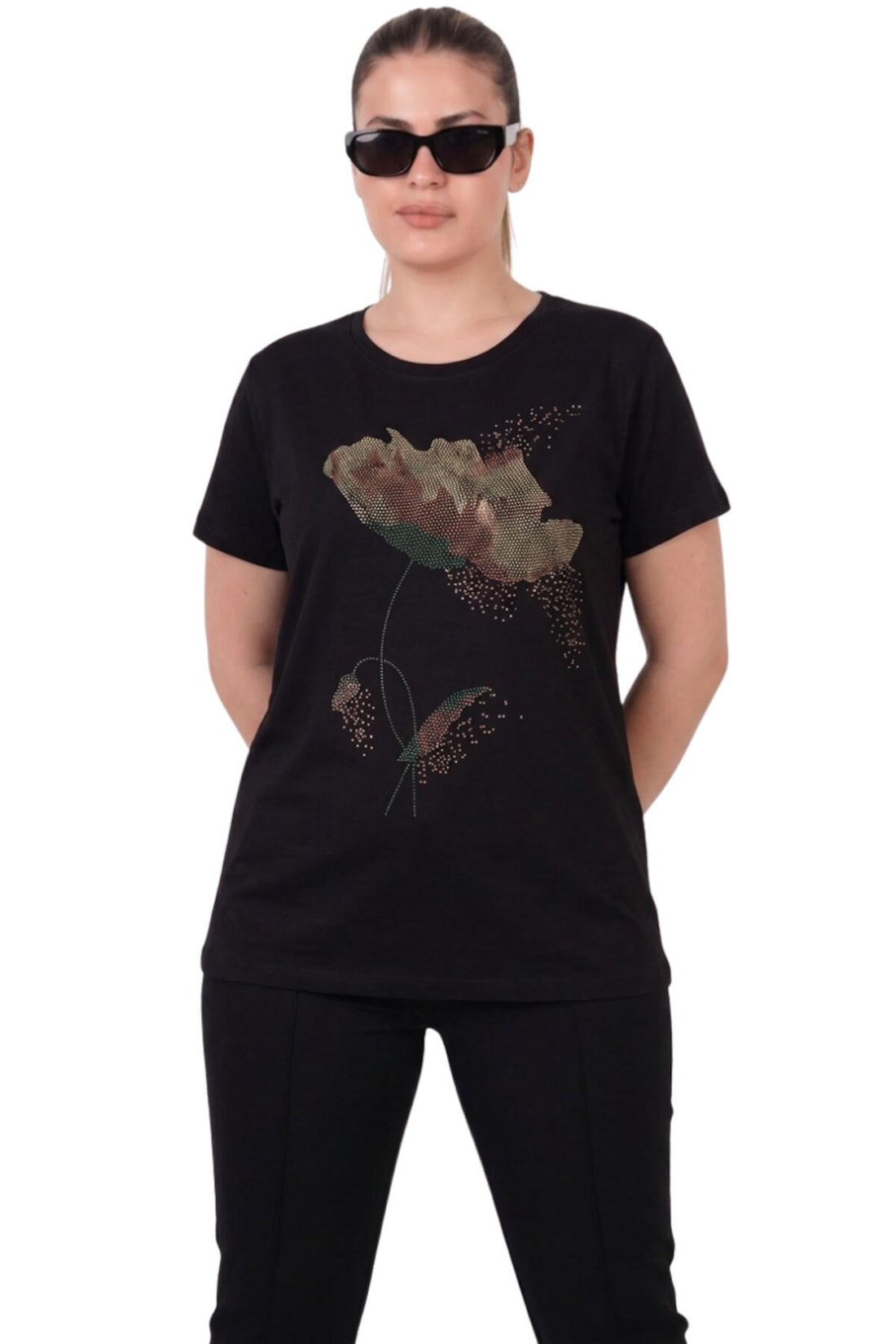 Plus - Size Stone - Embellished Crew Neck Blouse — Black