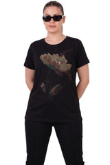 Plus - Size Stone - Embellished Crew Neck Blouse — Black