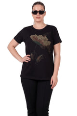 Plus - Size Stone - Embellished Crew Neck Blouse — Black