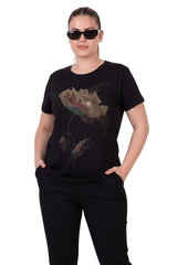 Plus - Size Stone - Embellished Crew Neck Blouse — Black