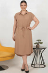 Plus - Size Modal Cupra Jurk Met Overhemdkraag — Cognac