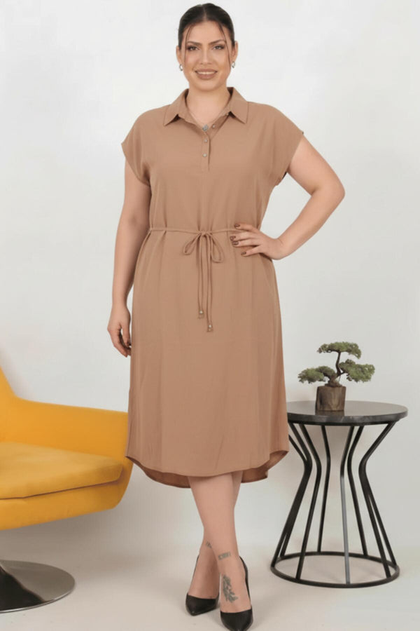 Plus - Size Modal Cupra Jurk Met Overhemdkraag — Cognac
