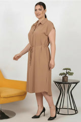 Plus - Size Modal Cupra Jurk Met Overhemdkraag — Cognac