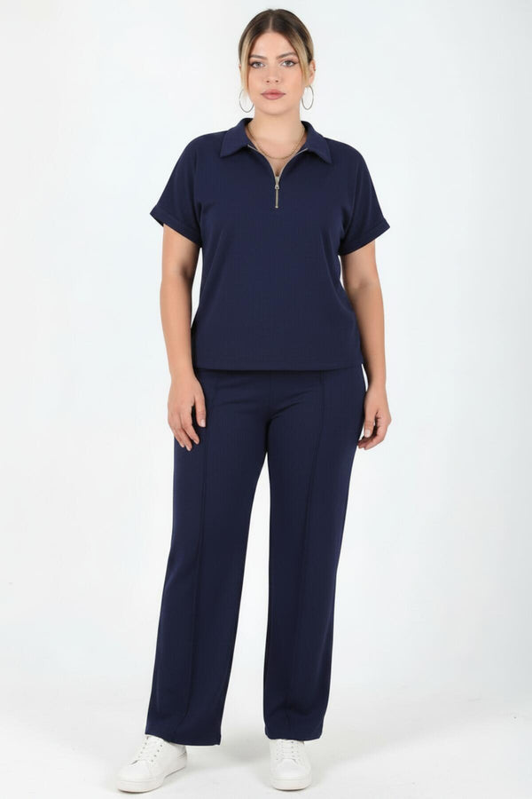 Plus - Size Set Met Korte Mouwen En Rits – Donkerblauw