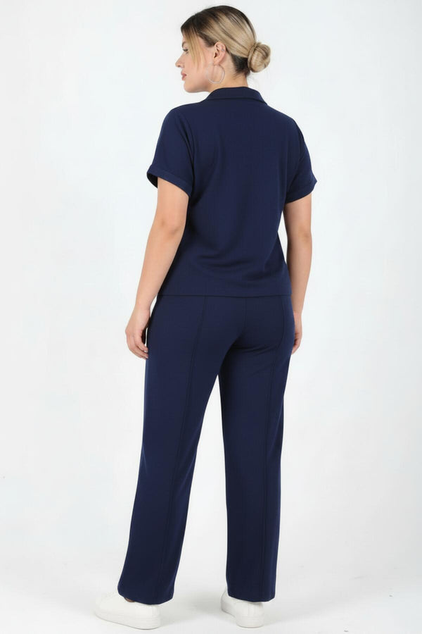 Plus - Size Set Met Korte Mouwen En Rits – Donkerblauw