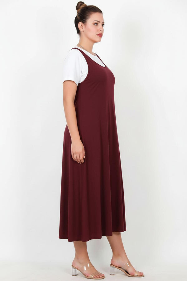 Jumperkleid Mit T‑Shirt – Burgunder (Große Größen)