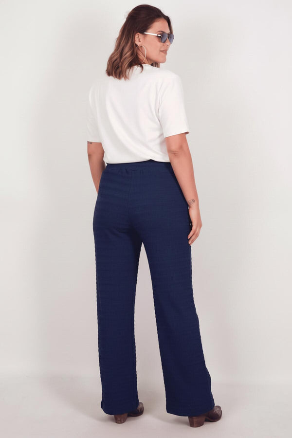 Plus - Size Wijdvallende Broek Met Golfpatroon – Marineblauw