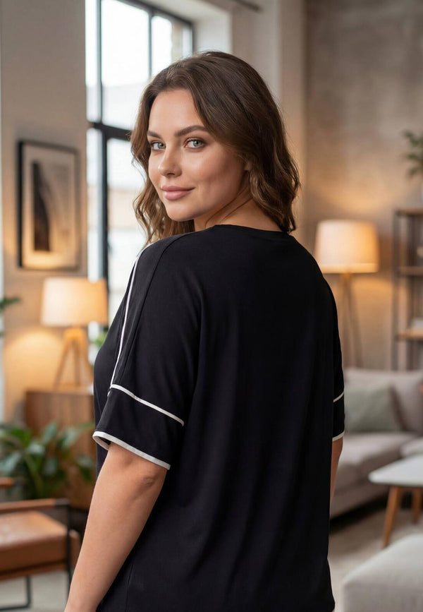 Jerseytop In Grote Maten Met Streepdetail — Zwart