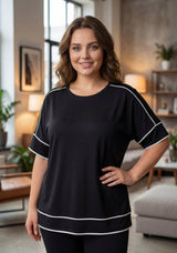 Jerseytop In Grote Maten Met Streepdetail — Zwart