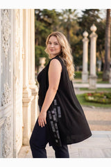 Plus - Size Patterned Crystal Fabric Vest — Black
