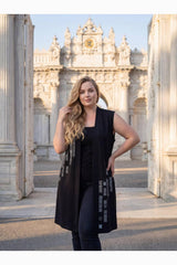 Plus - Size Patterned Crystal Fabric Vest — Black
