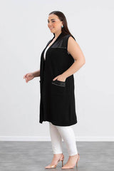 Plus - Size Long Vest With Pocket Detail — Black