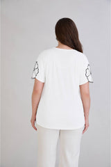 Plus‑Size V‑Hals Jerseyblouse Met Geborduurde Tulemouwen, Crème