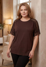 Blouse Met Kantdetail, Grote Maat — Bruin