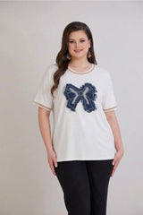 Jersey - Top Mit Schleifen - Detail – Creme (Große Größen)