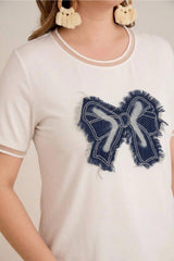 Jersey - Top Mit Schleifen - Detail – Creme (Große Größen)