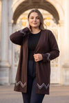 Plus‑Size Long Crystal‑Embellished Cardigan — Brown