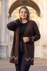 Plus‑Size Long Crystal‑Embellished Cardigan — Brown