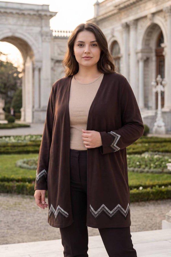 Gilet Long Grande Taille Orné De Cristaux — Marron