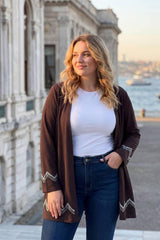 Plus‑Size Long Crystal‑Embellished Cardigan — Brown