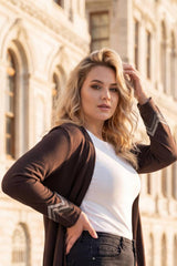 Plus‑Size Long Crystal‑Embellished Cardigan — Brown