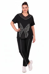 Plus - Size Tulle - Collar Set With Stone - Embroidered Butterfly — Black