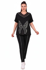 Plus - Size Tulle - Collar Set With Stone - Embroidered Butterfly — Black