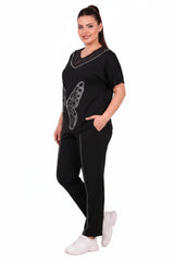 Plus - Size Tulle - Collar Set With Stone - Embroidered Butterfly — Black