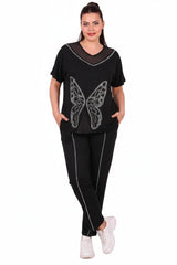 Plus - Size Tulle - Collar Set With Stone - Embroidered Butterfly — Black