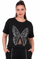 Plus - Size Tulle - Collar Set With Stone - Embroidered Butterfly — Black