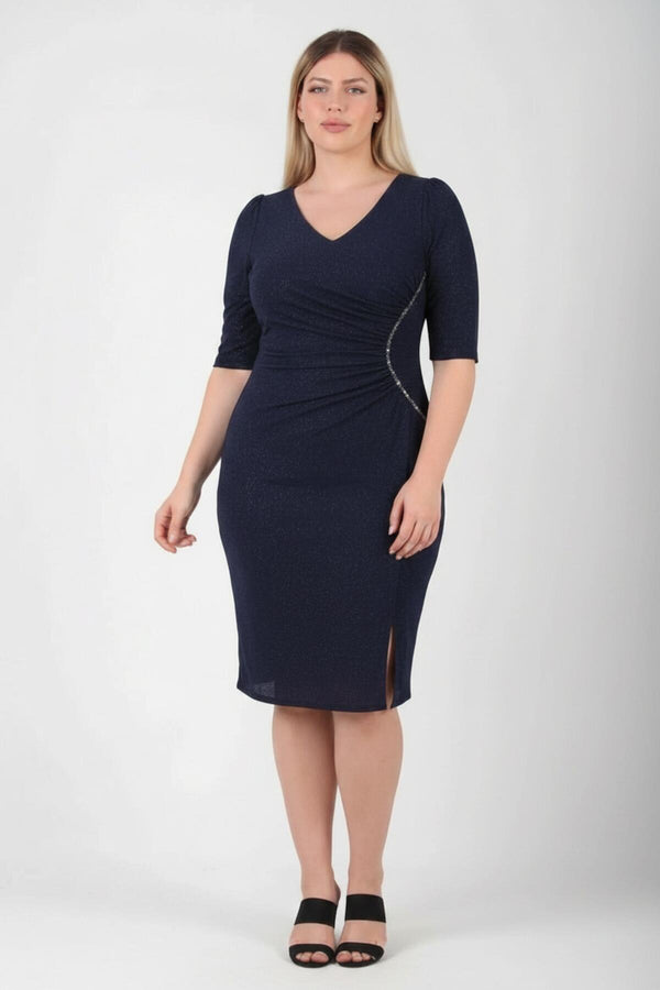 Plus - Size Avondjurk In Navy Met Taille‑Detail En Halflange Mouwen
