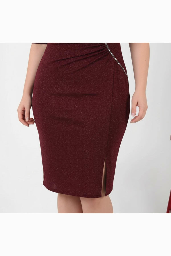 Bordeaux Midi - Jurk Met Taille - Detail (Grote Maten)
