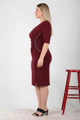 Bordeaux Midi - Jurk Met Taille - Detail (Grote Maten)