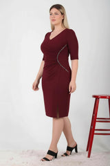 Bordeaux Midi - Jurk Met Taille - Detail (Grote Maten)