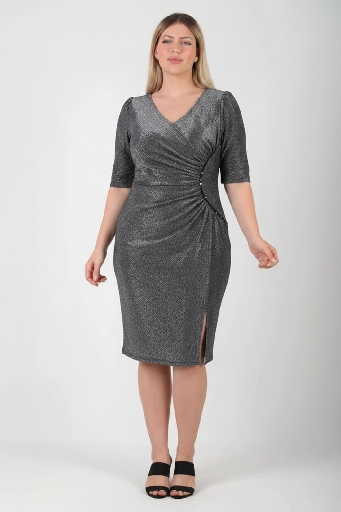 Plus - Size Taille - Detail Halfmouw Avondjurk — Zilver