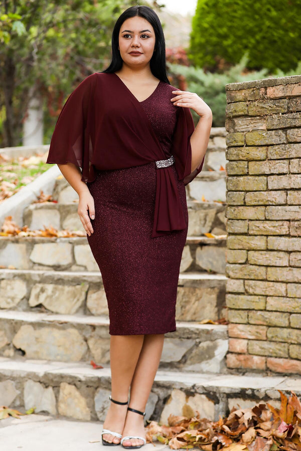 Plus - Size Glitter Midi - Avondjurk — Bordeaux