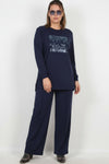Plus - Size Langarm Set Met Steentjes — Marineblauw