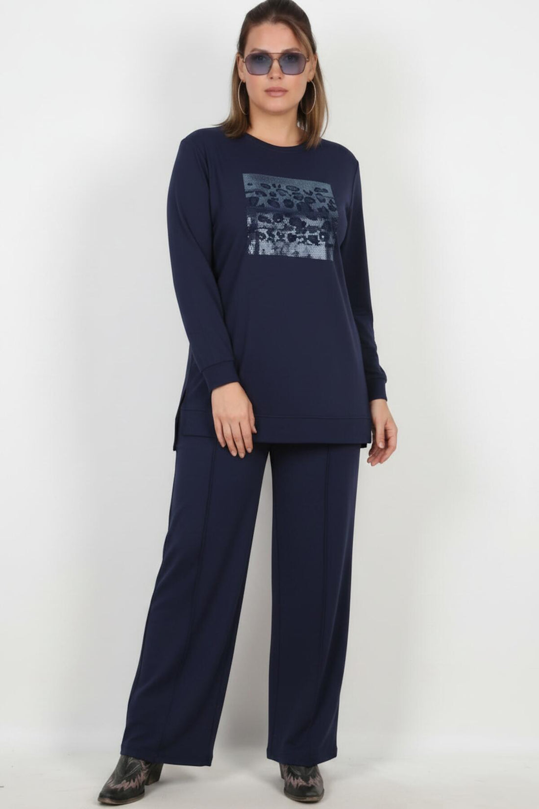 Plus - Size Langarm Set Met Steentjes — Marineblauw