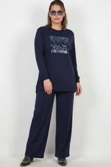 Plus - Size Langarm Set Met Steentjes — Marineblauw