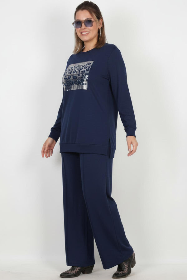 Plus - Size Langarm Set Met Steentjes — Marineblauw
